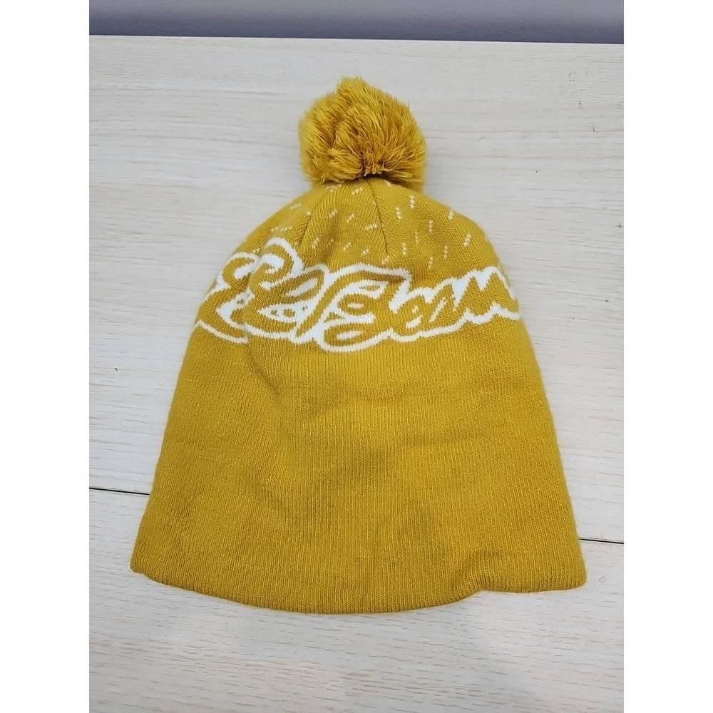 Vtg L.L.Bean Beanie Solid Knit Pompom Mustard Yellow Spell Out ‎ 511849